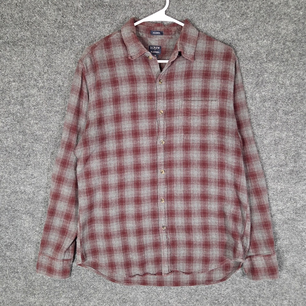 J.Crew Flannel Shirt Men's Medium Red Gray Plaid Button Up Classic Soft Casual